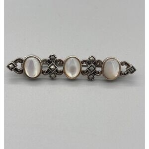 Vintage‎ Pin Brooch Sterling Silver Mother of Pearl & Marcasites Accent 2"